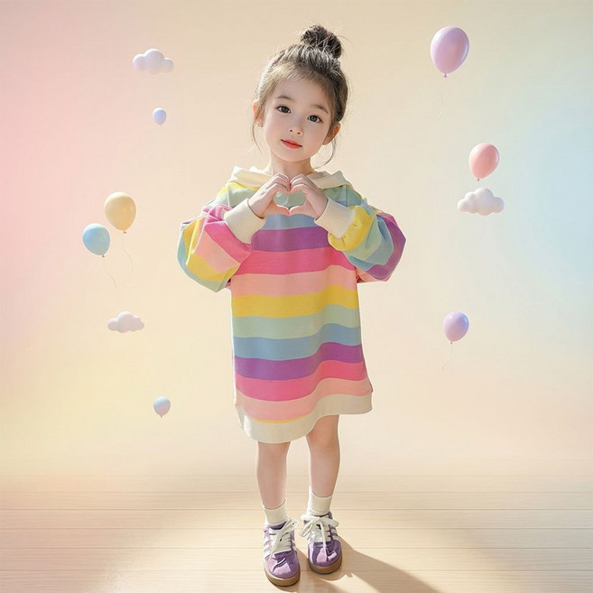 켈리미 무지개 레인보후 후드 여아 원피스 롱티셔츠 옷