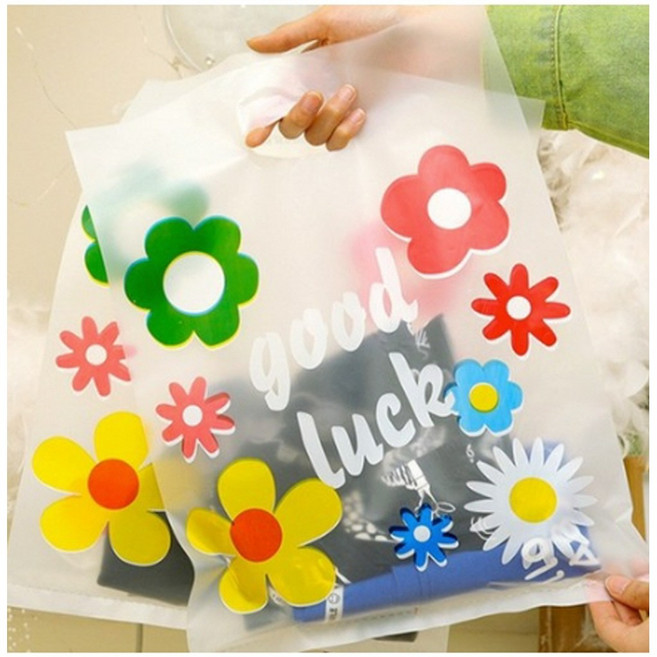 플라워 디자인 반투명 선물용 손잡이 비닐 쇼핑백 50p, 혼합색상, 1세트