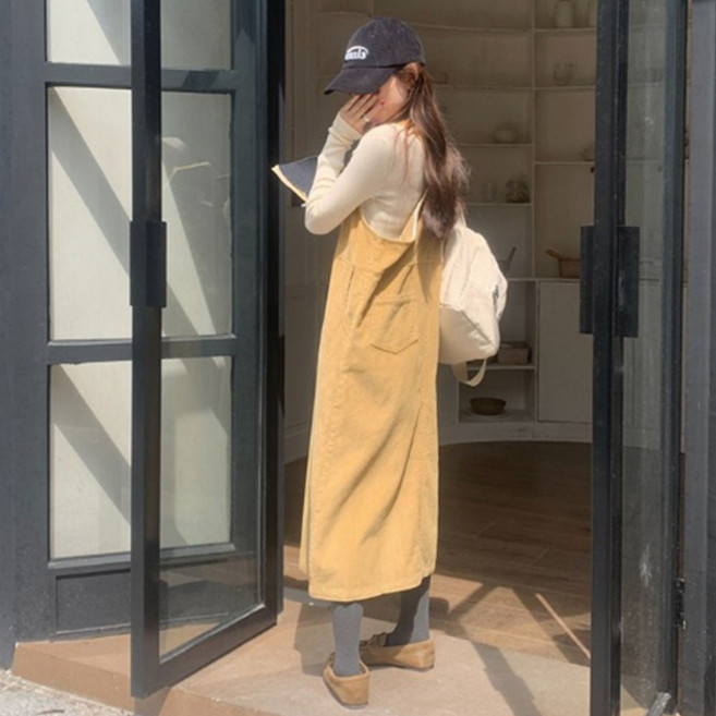 코듀로이 멜빵 원피스 여성용 루즈핏 포켓 골덴 원피스