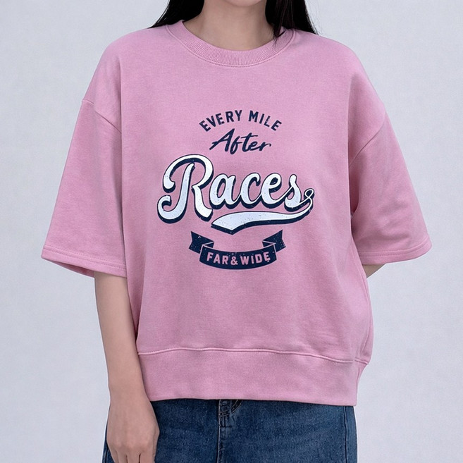 마일 빈티지 캐쥬얼 프린팅 루즈핏 7부 반팔 맨투맨 티셔츠