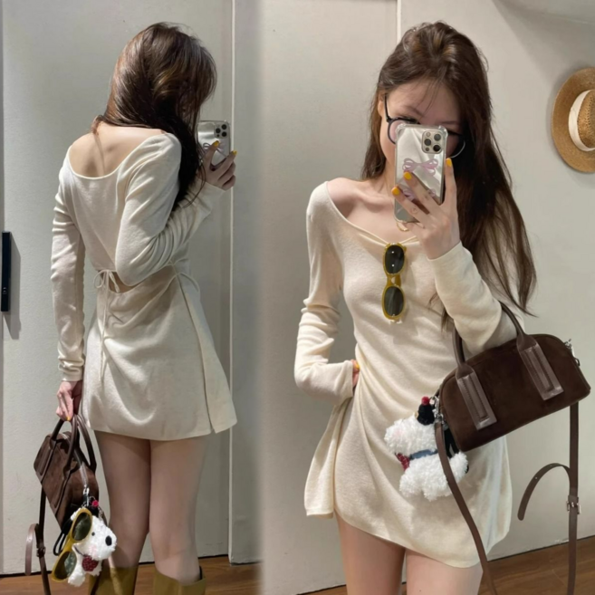 Asure 여자 니트 미니원피스 춘추 빅사이즈 백리스 원피스