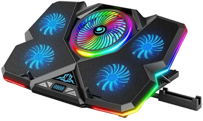 NUOXI 筆電散熱器 6風扇RGB燈效七檔調節支架, 幻影款六風扇【冰魔13】, 黑藍色, 1套