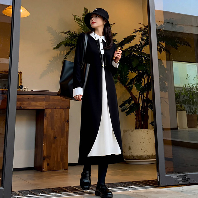 ORZQU 여름 여자 루즈핏 배색 칼라넥 반팔 셔츠 원피스 시크 언발 오피스룩