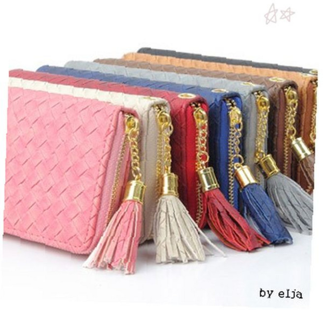 여성용 편조 패턴 합성피혁 지퍼 장지갑 카드 수납 손목 스트랩 태슬 장식 휴대