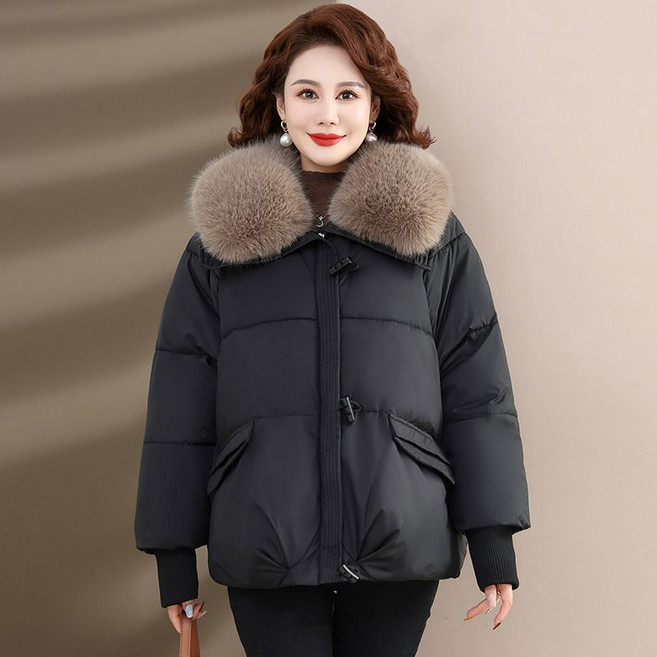 POMTOR 겨울 중년 여성용 빅 퍼 카라 패딩 점퍼 빅사이즈 패션 스타일의 도톰 엄마 코트