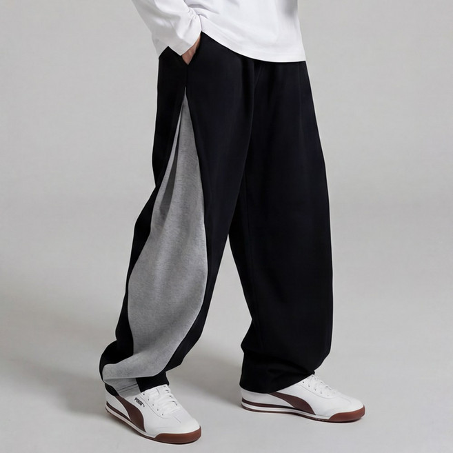 프리미엄 남녀공용 원턱 배색 와이드 팬츠 사이드 핀턱 트레이닝 바지