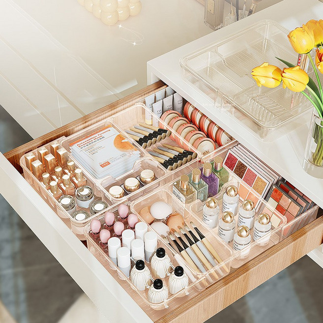 Shipshape 신축형 서랍 정리함 다용도 칸막이 트레이 화장품 소품 수저 정리함, 1개, 투명색