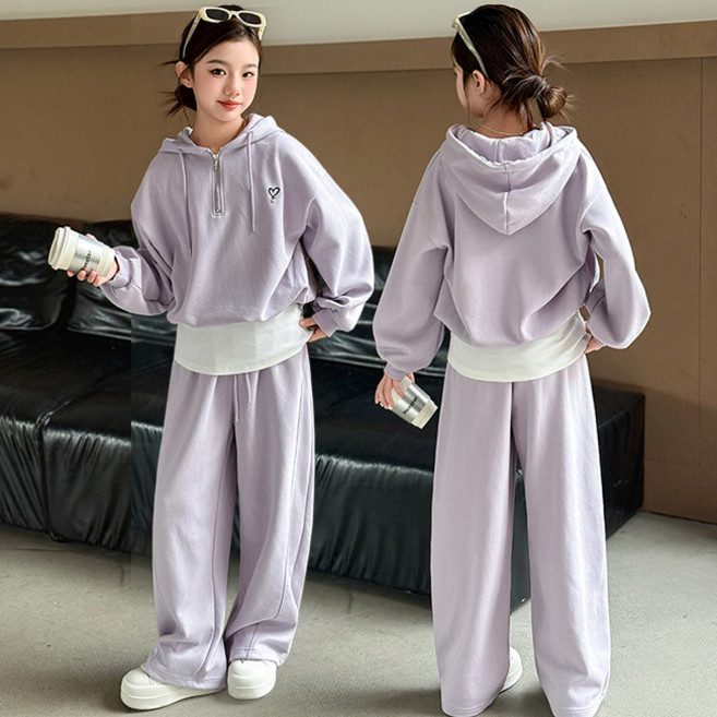 비비키드 여아 봄가을 하트 페이크 레이어드 반집업 봄 가을 초중생 상하복 세트 주니어 후드티 세트 긴바지 (2611)