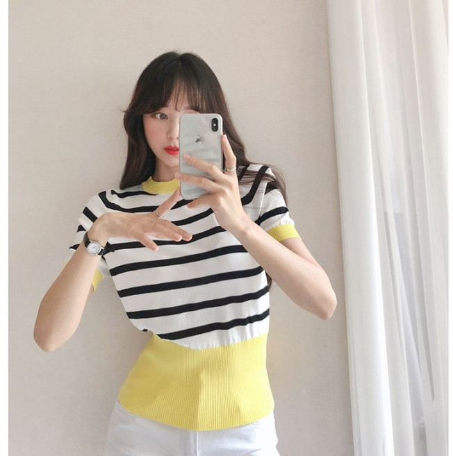 화사함담아 슬림 배색 단가라 니트