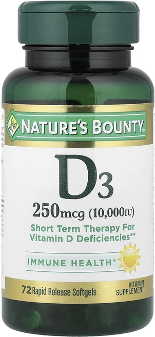 Nature's Bounty D3 250 mcg (10000 IU) 72 급속 방출 소프트젤, NaturesBountyD3250mcg10000IU72, 1개 - 쿠팡