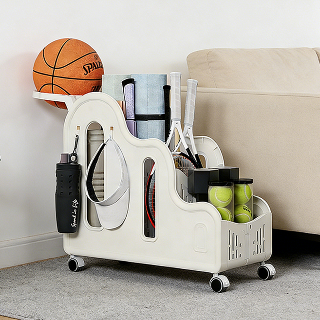 이동식 헬스 홈트 운동기구 보관함 탈부착 운동기구 선반농구 요가매트 수납 바구니 거치대 이동형 카트 접이식 디자인, 1개, 우유색-수금함