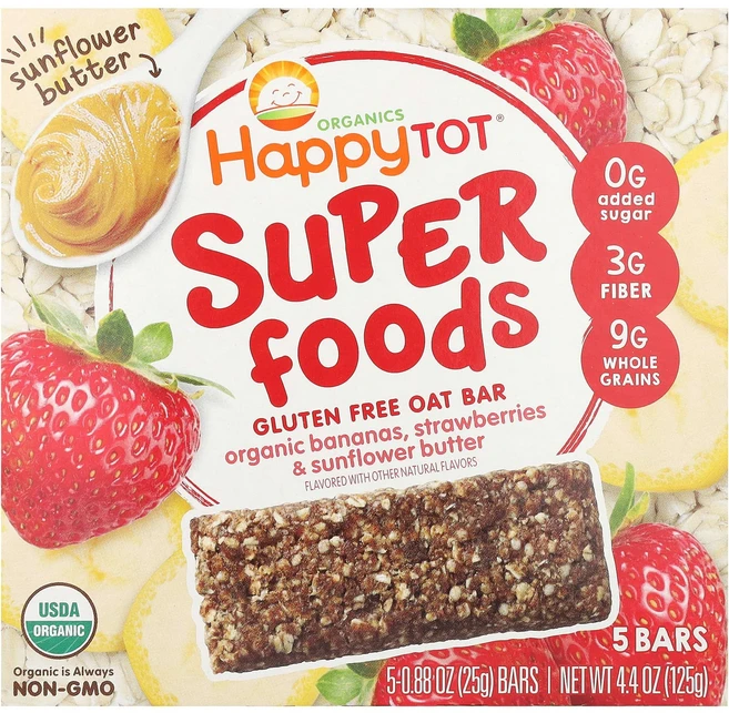 Happy Family Organics Organics Happy Tot 슈퍼푸드 글루텐 무함유 오트 바 유기농 바나나 딸기 해바라기 버터 바 5개입 각 25g(0.88oz), HappyFamilyOrganicsOrganicsHap, 125g, 1개 - 쿠팡