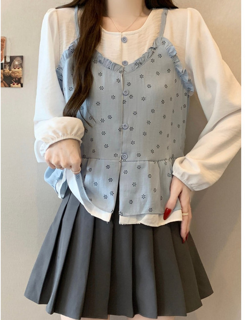 겹쳐 입는 블라우스 레이디스 긴팔 꽃무늬 비스체풍 탑스 셔츠 포완소매 프릴 청초 어른 귀여운 걸리 체형 커버 봄