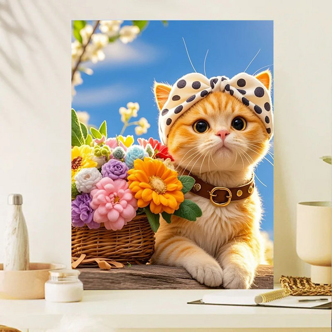 보석십자수 DIY키트 액자 캔버스형 귀여운 고양이 동물 그림 실내 풍수 장식 거실 현관 인테리어 개업 이사선물 40x50cm, 1개, 귀여운 고양이-5