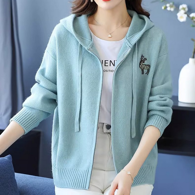ROYALBELLE 여성 자수 후드 지퍼 숏기장 루즈핏 빅사이즈 캐주얼 긴팔 니트 가디건 V01011126