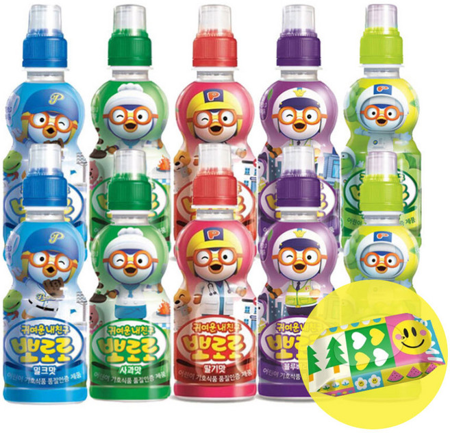 뽀로로 어린이 음료수 혼합 10개+휴대용 아기물티슈 10매 딸기 밀크 사과, 235ml