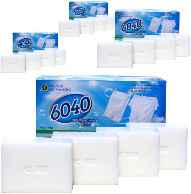 6040 세탁 비누 EM 천연 100% 식물성 찌든 때 속옷 더러운 운동화 하얀 빨래 비누 240g 16개