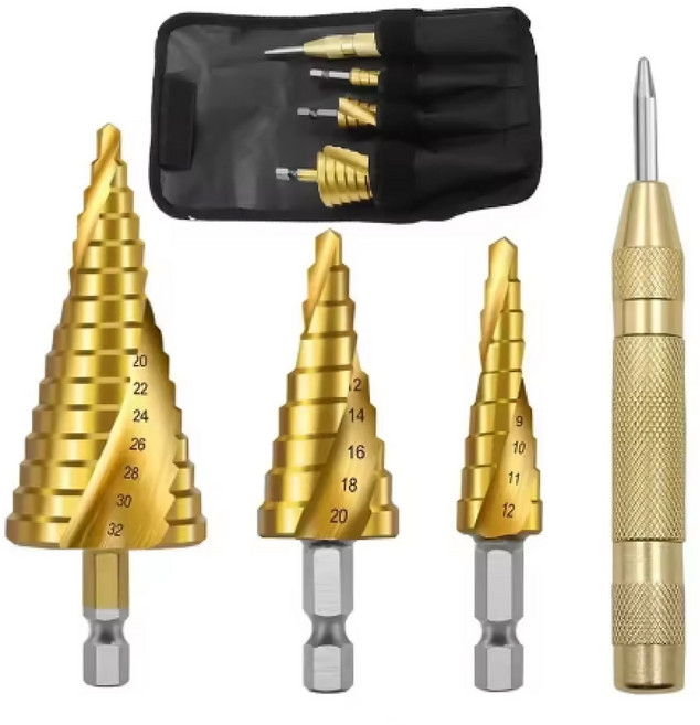 플로메리아 스텝드릴 비트 3종 센터펀치 포함세트 임팩드릴 나선형 트위스트 멀티 홀가공 홀커터 철판 금속 플라스틱 목재 알루미늄 홀쏘 천공 드릴날 기리 비트 전동드릴, 1세트