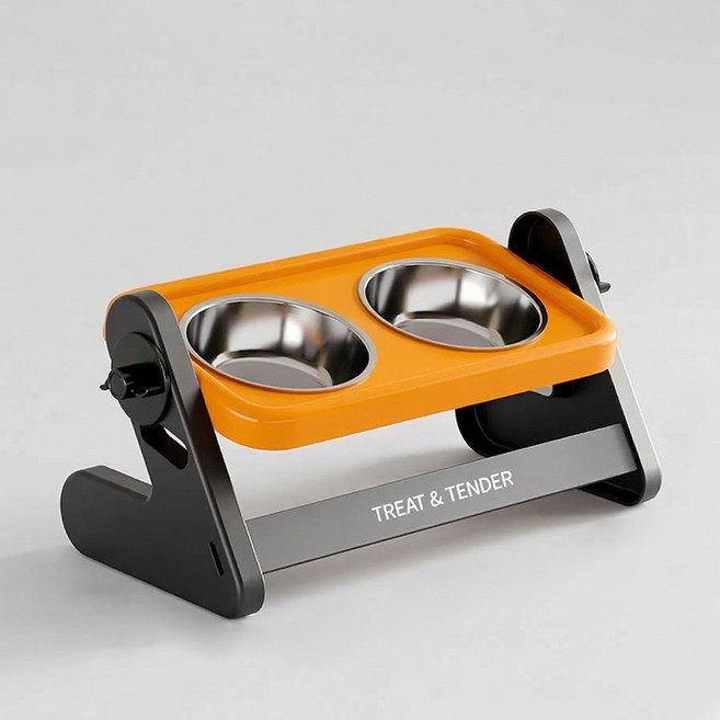 노야 강아지 밥그릇 고양이 물그릇 높이조절 2구 반려동물 식기, 1개, 오렌지