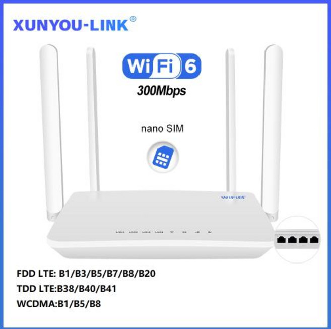 4G SIM WiFi 라우터 모뎀 WiFi 6 SIM 카드 슬롯 300Mbps 신호 증폭 지원 32 장치 연결 4G LTE WIFI 라우터, Asia Europe Africa, 1개