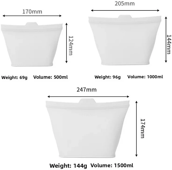 3개입 실리콘 식품 보관용 재사용 가능 스탠드업 지퍼 누수 방지 용기 신선 백 식품 보관 신선 랩 지퍼백, 03 3PC Transparent