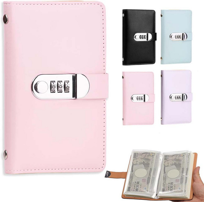 루베이 현금수납 다이어리 방수 가죽 재질 비밀번호 잠금 수납영 수증/사진/지폐, 핑크색, 1개