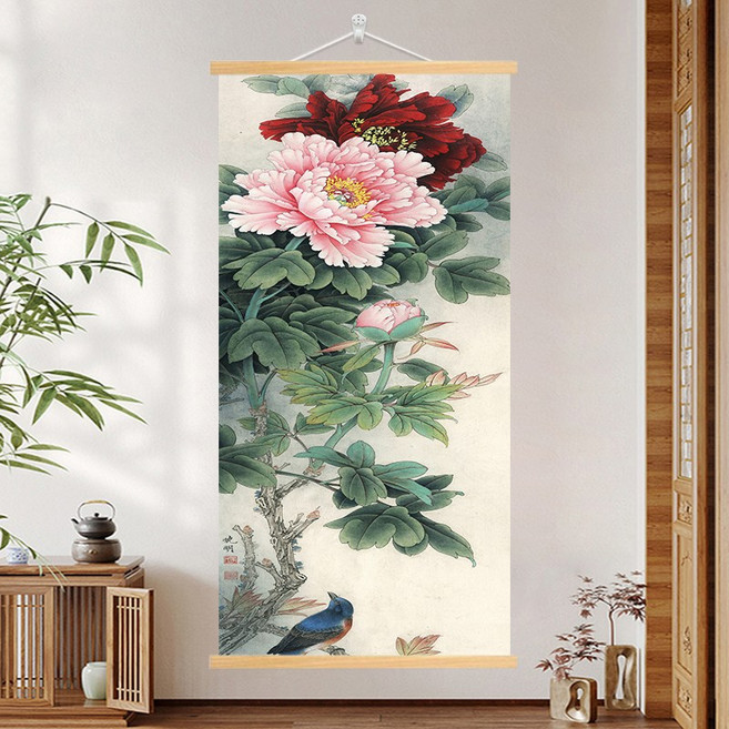 궁중 모란도 병풍 액자 벽화 30x60 목단꽃 꽃그림 민화, 원목 행잉 샤프트, 07번