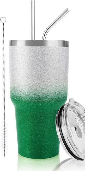 DS 30온스 텀블러 크리스마스 그린 글리터 그라데이션 컵 스테인리스 스틸 이중 벽 진공 단열 머그컵 빨대와 뚜껑 차갑고 뜨거운 음료용 청소 브러시, Green Glitter