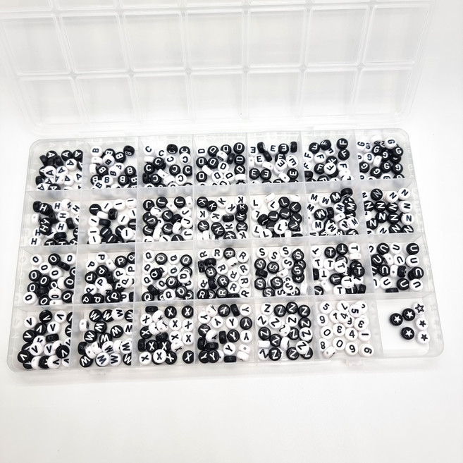 [알파벳비즈세트 이니셜비즈세트 비즈세트] 알파벳비즈 이니셜비즈 원형비즈 사각비즈 큐브비즈 혼합비즈세트 비즈세트, 블랙&화이트