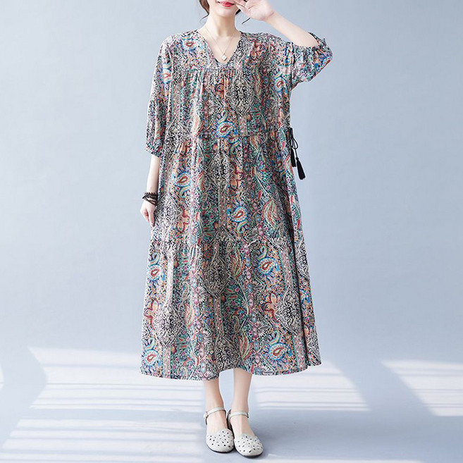 POMTOR 여름 여성 벌룬 소매 루즈핏 시폰 미디 원피스