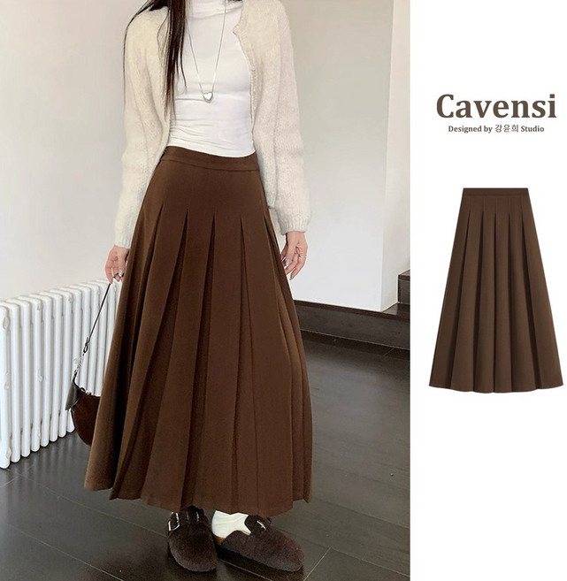 Cavensi 加厚毛呢A字長裙 顯瘦黑色