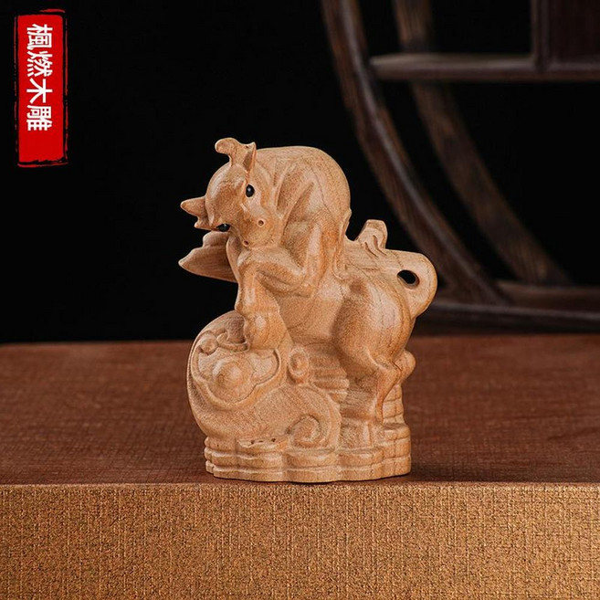 福燃木雕 桃木十二生肖擺件, 牛