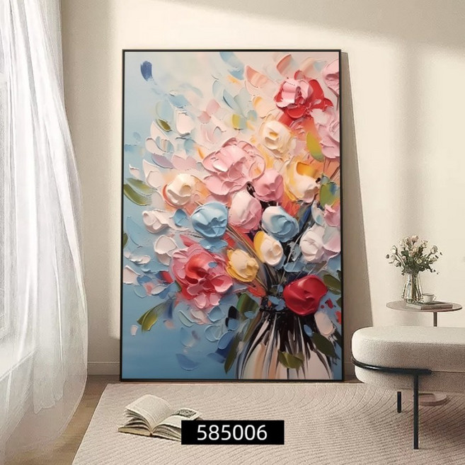 肌理感花卉裝飾畫 客廳沙發背景畫 玄關壁畫 落地畫, 花好月圓,50*70＋優質油畫布【PS時尚邊框1