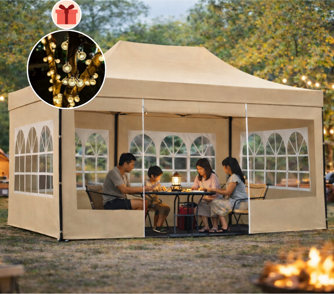 원터치 접이식 몽골텐트 캐노피천막 장박텐트 캠핑 야외 옥상 테라스 행사용 쉘터 차고, 베이지