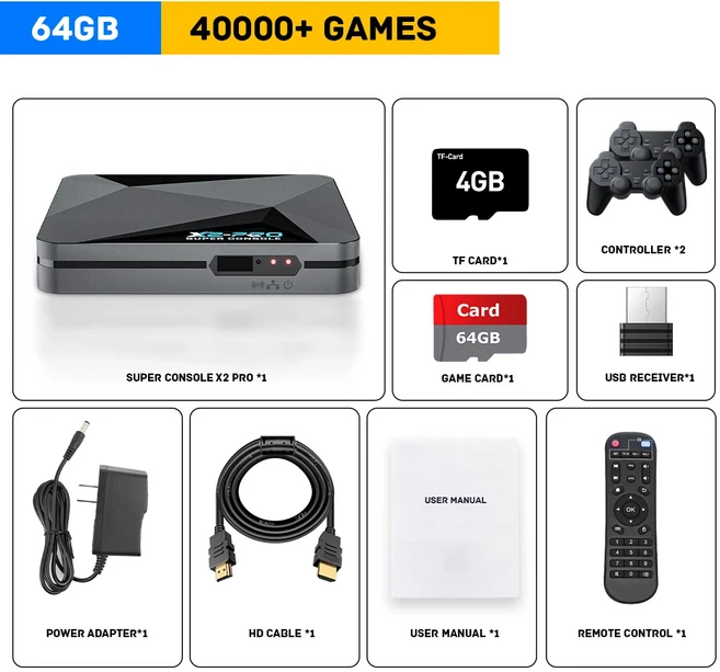 KinHank 슈퍼 콘솔 X2 프로 휴대용 비디오 게임 60000 레트로 에뮬레이터 N64 SS MAME Sega Saturn 4K, 03 X2 Pro-64G-706-2, 02 EU