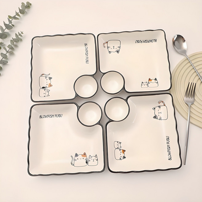 BLOWFISHFUGU 심플 화이트만두접시 고양이 패턴 스시나눔접시 캐릭터 도자기 접시 2P/4P, 4개, 혼합색상