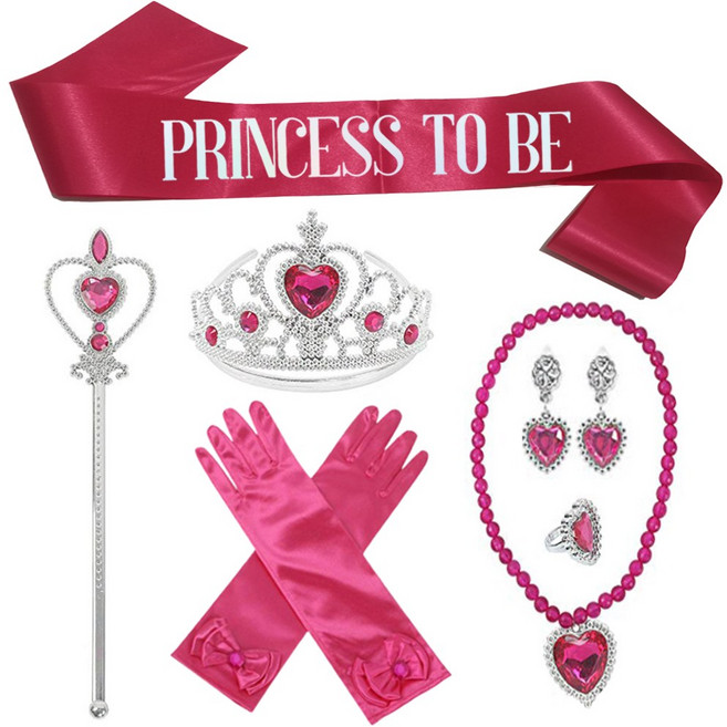 생일 파티 용품 티아라 + 어깨띠 + 액세서리 요술봉 코스튬 세트, 딥핑크 공주세트(TO BE)
