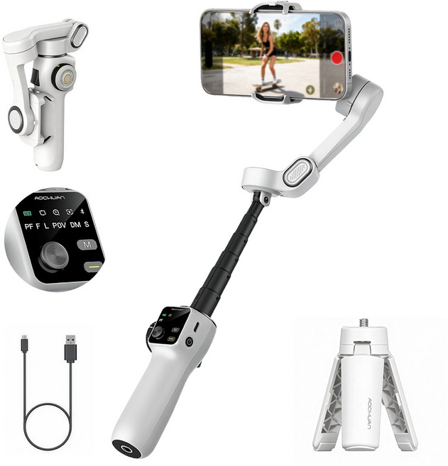 AOCHUAN 스마트폰 짐벌 삼축 안정기 AI 자동 추적 안티셰이크 블루투스 셀카봉 삼각대 겸용 접이식 Vlog 유튜브 촬영용, 하얀색, 1개, V8