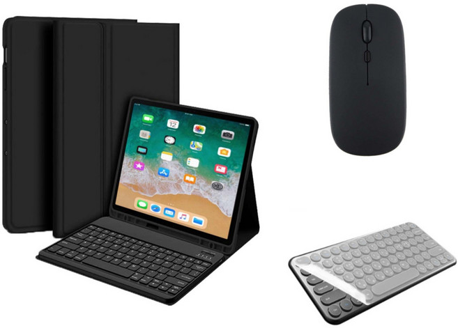 아이패드 호환 에어 프로 미니 1/2/3/4/5/6/7/8/9/10 세대 M2 M4 펜슬 수납 블루투스 키보드 케이스 무선 마우스 세트 iPad Pro Air Mini 케이스나라, 블랙
