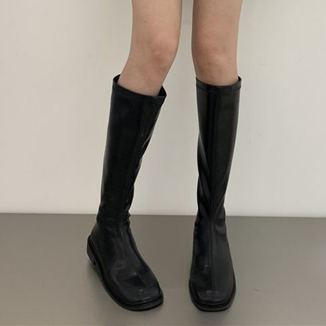 절개가죽 둥근코 미들힐 롱부츠 ( 4.5cm )