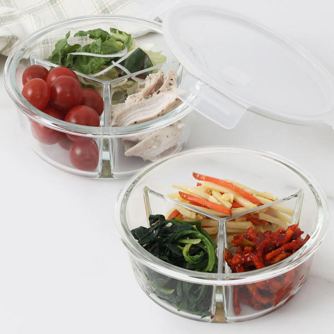1+1 내열유리 3칸 나눔 반찬통세트 원형 950ml 2p, 1세트
