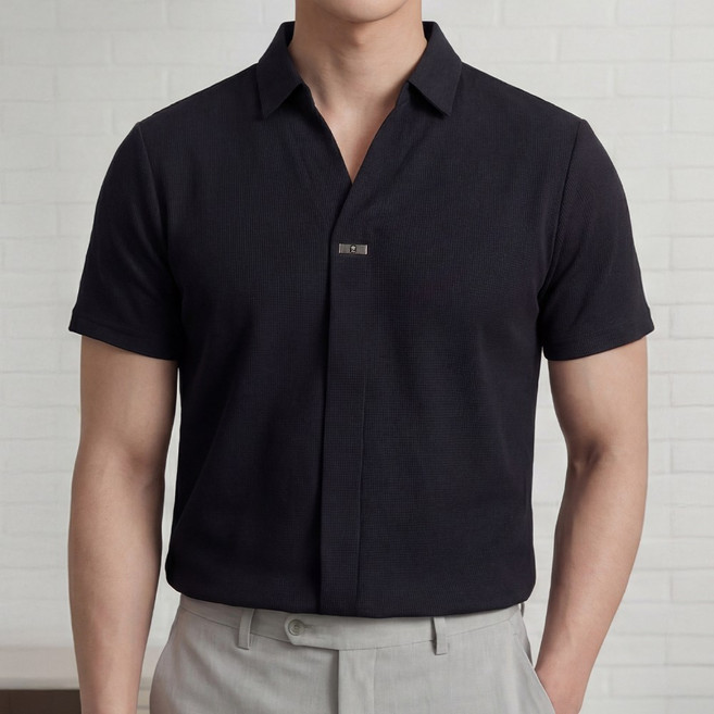 루크 남성 여름 고급 캐주얼 브이넥 반팔 카라티 얇고 시원한 클래식 편안한 티셔츠 세련된 세미 정장 단정한 상의