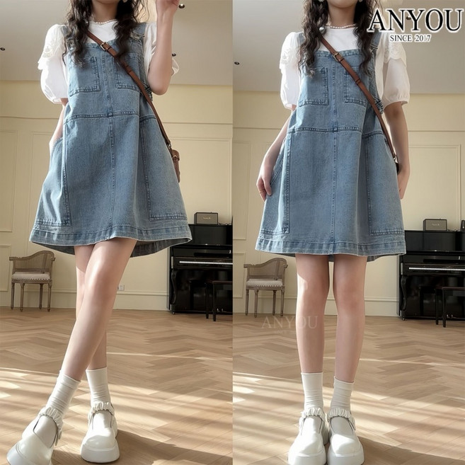 ANYOU 작은 키 감령 패션 헐렁헐렁 캐주얼 멀티 포켓 허리 옆 밴딩 조절 데님 멜빵치마 여하