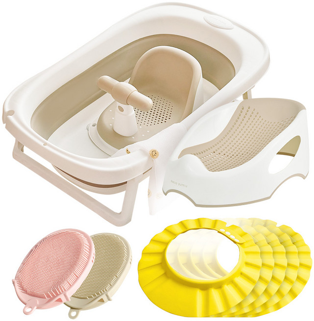 리틀클라우드 아기 욕조 목욕 용품 세트, 접이식+등받이+의자+옐로우 샴푸캡5P+샤워타올2P