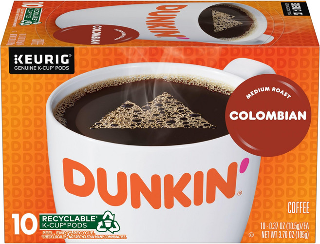 Dunkin' Colombian Medium Roast Coffee 60 Keurig K-Cup Pods Dunkin' 콜롬비아 미디엄 로스트 커피 큐리그 K-컵 포드 60개, One Color, 10개입, 10.5g, 1개