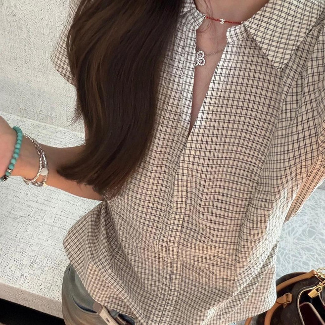 美式復古夏季格子顯瘦學院修身格紋襯衣短袖襯衫上衣