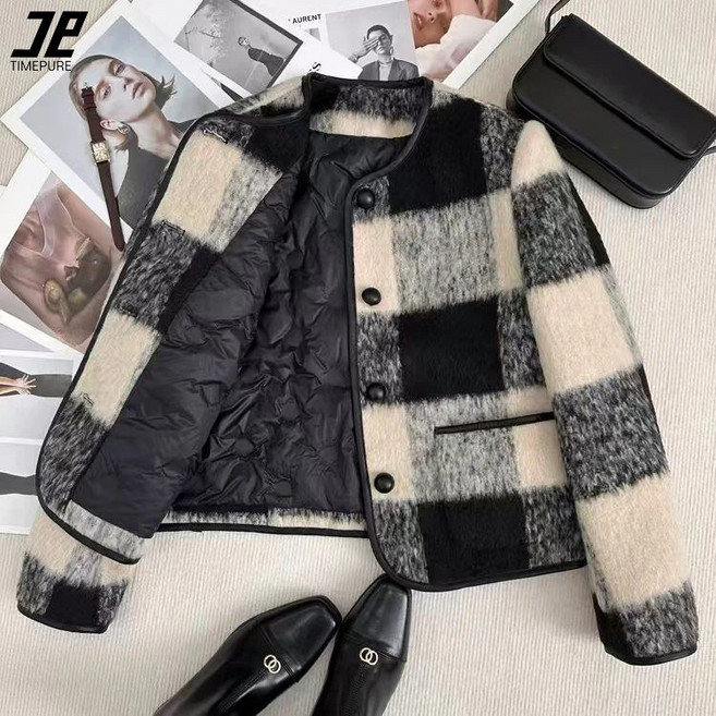 여성용 프리미엄 퀼팅 자켓 체크 숏 기장 명품 스타일 코트 가을 겨울 캐주얼 패딩