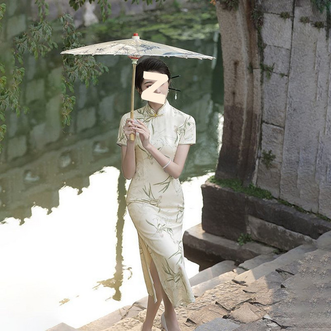 DIU 夏季新中式收腰高開叉中長款連衣裙女短袖印花新款改良旗袍裙, XL 建議115-130斤