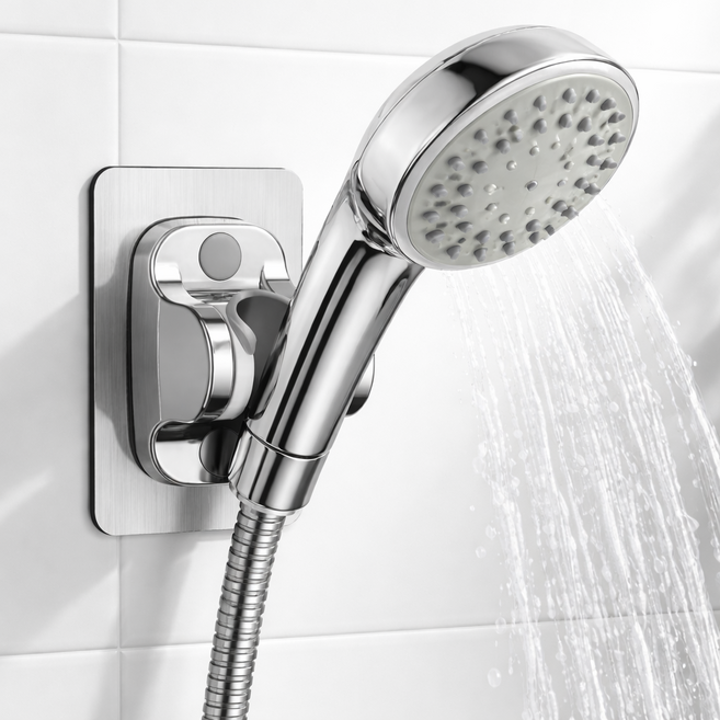 쥬커머스 무타공 강력접착 샤워기 거치대, 실버