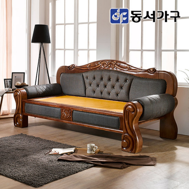 동서가구 명가흙 고급 미송원목 황토 가죽 카우치 흙소파 DF635864, 엔틱